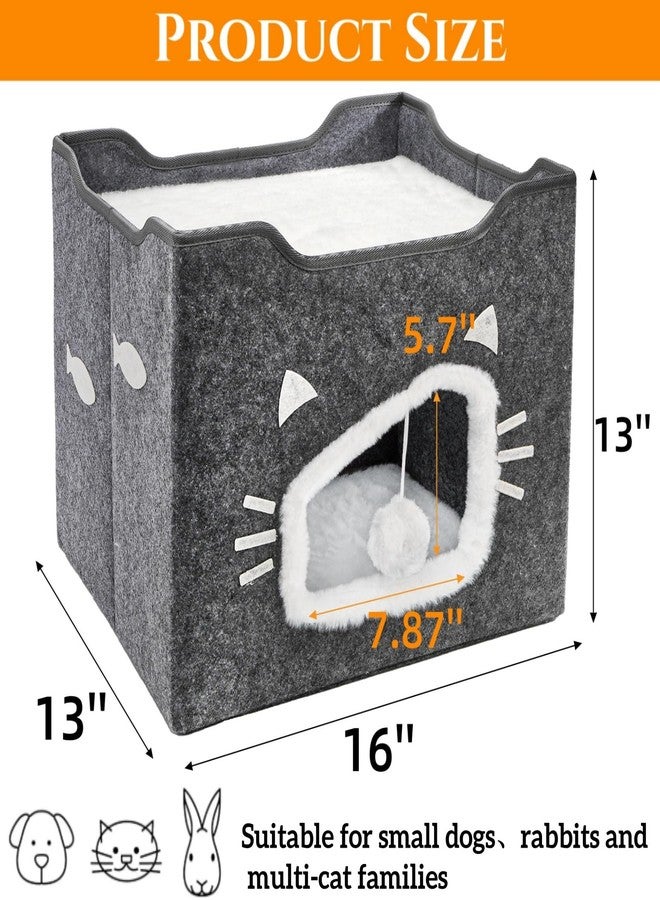 Acshio Cat House for Indoor Cats, Large Covered Cat Bed with Cushion Pad Fluffy Ball Hanging, Foldable Cute Cat Cave Bed Cat Condo Hideaway for Pet Cats, Multi Small Pet, Grey - Image 2